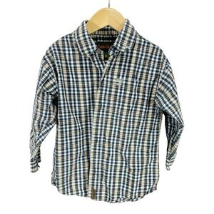 Timberland Boys Sz 5 Blue Plaid Long Sleeved Button Down Shirt Collared Logo